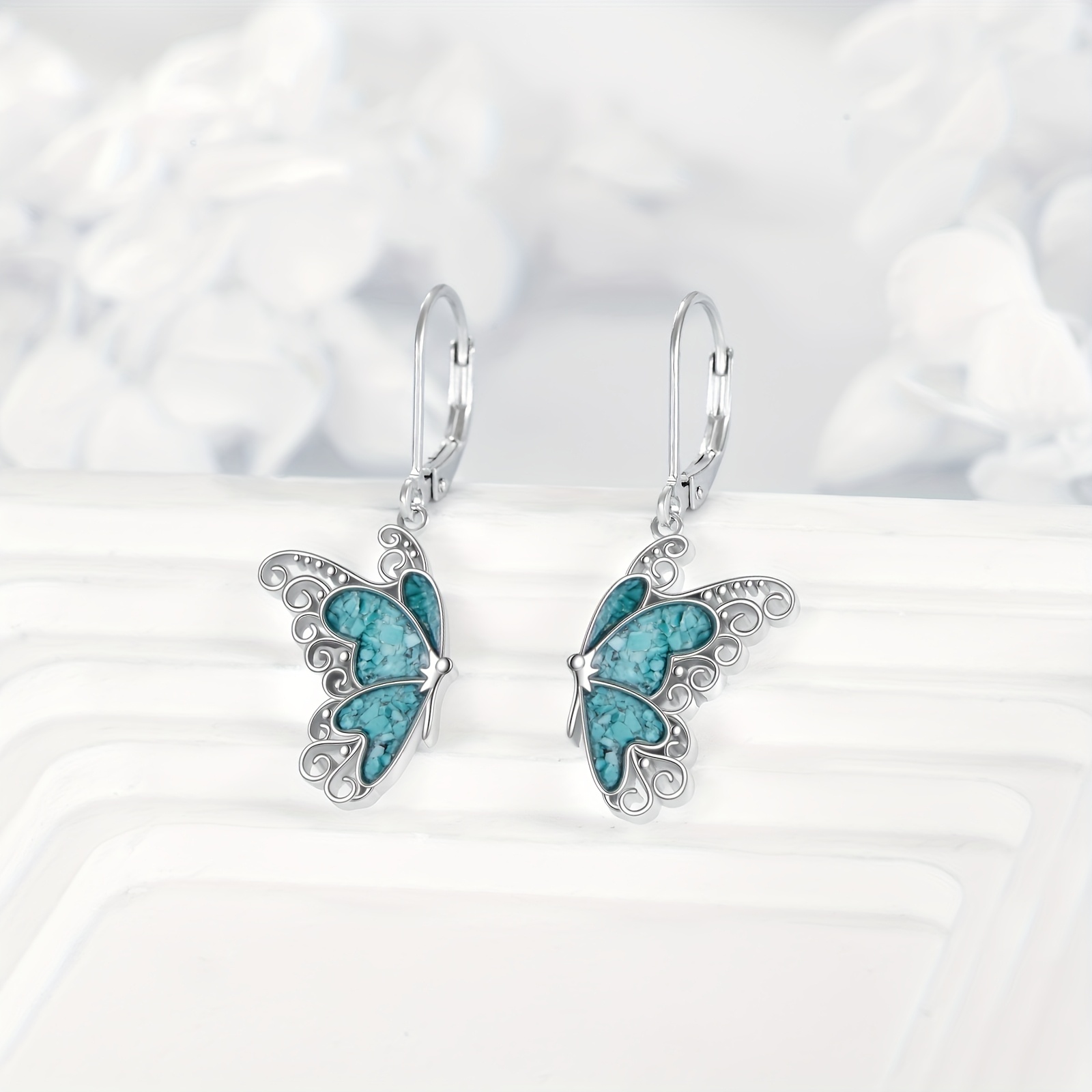 Women's 925 Sterling Silver Turquoise Butterfly Leverback Earrings